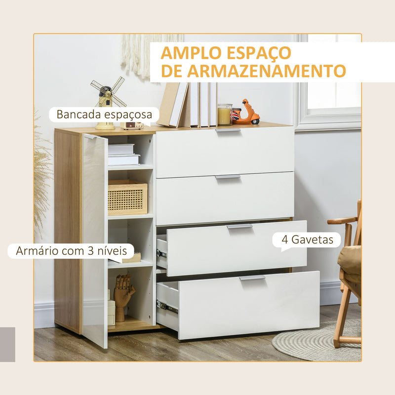 Aparador de Sala de Estar Cómoda com 4 Gavetas de Alto Brilho Porta e Prateleiras Ajustáveis para Sala de Jantar Dormitório 105x35x92 cm Branco e Madeira