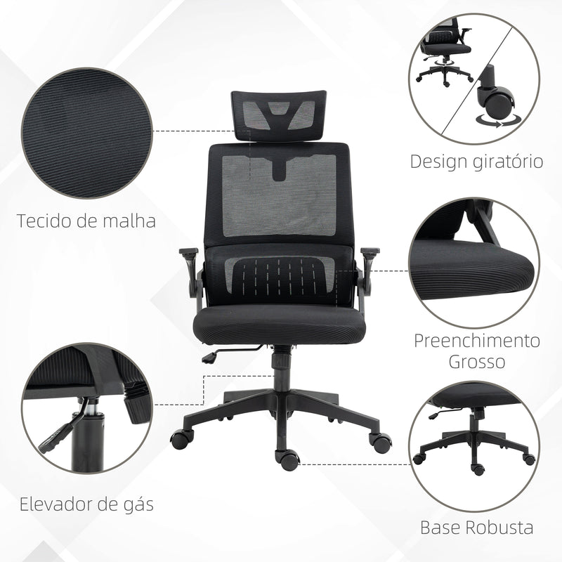 Cadeira de Escritório de Malha Cadeira de Escritório Giratória com Altura e Apoio para a Cabeça Ajustáveis e Apoio para os Braços Estilo Moderno Carga 120 kg para Estúdio 58x61x102-119 cm Preto