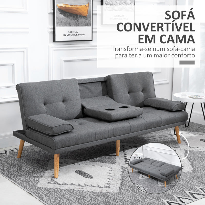 Sofá Cama 3 Lugares Sofá Cama Dobrável com Encosto Ajustável de 3 Níveis Apoio para os Braços Desmontável e 2 Suportes para Copos 181x77x78 cm Cinza