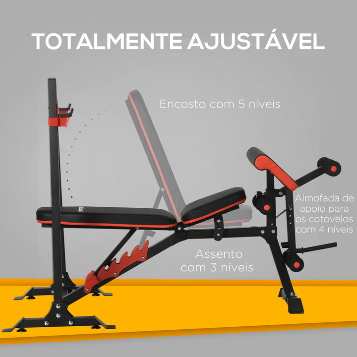 Banco de Musculação Multifuncional Banco de Pesos com Encosto Reclinável e Suporte de Barras Ajustável para Treino de Abdominal Pernas Braços e Peitoral Carga 150 kg 180x110x126 cm Preto