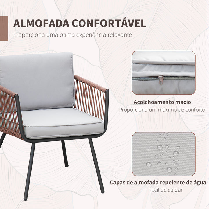 Conjunto de Móveis de Jardim de Vime 3 Peças Conjunto de Móveis de Varanda Incluí 1 Mesa de Centro e 2 Poltronas com Almofadas Acolchoadas Teca e Cinza