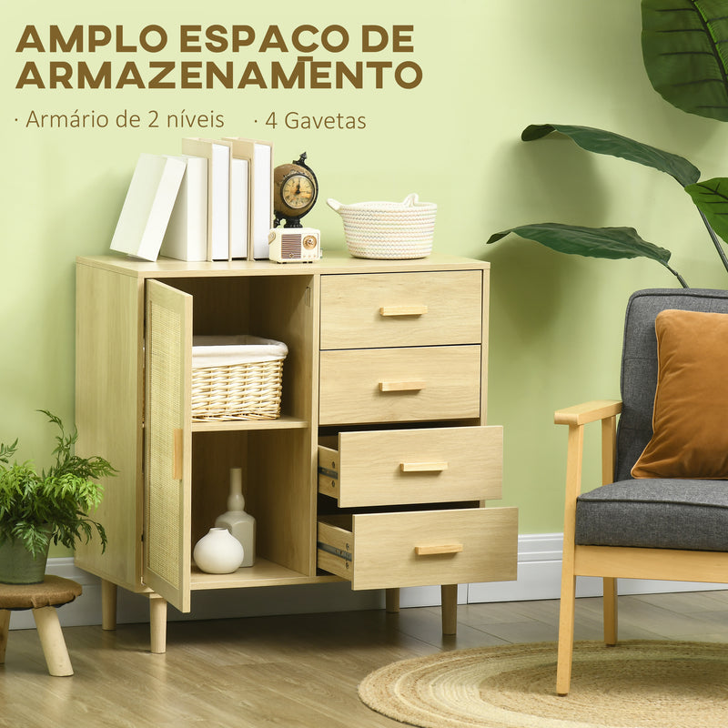 Aparador Sala de Estar Estilo Cannage Armário Buffet com Porta de Vime 4 Gavetas e Pés de Madeira de Pinho para Cozinha Entrada 80x38x80,5 cm Madeira