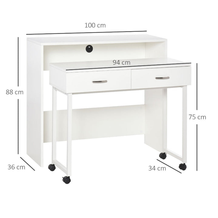 Conjunto de 2 mesas secretária para escritório com rodas 2 gavetas 100x36x88 cm Branco