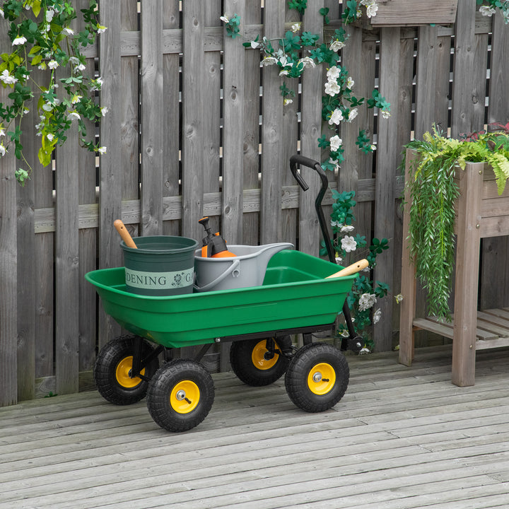 Carrinho de Jardim com Caçamba Inclinável até 75° Carrinho de Mão com Guiador Ajustável e 4 Pneus Capacidade Máxima 75L Aço 109x52x94 cm Verde Escuro