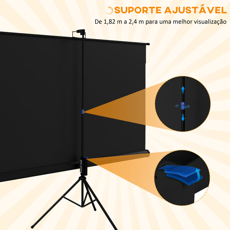 Tela de Projeção Manual com Suporte 84 Polegadas Tela de Projeção Portátil Formato 16:9 com Altura Ajustável para Interior e Exterior Cinema em Casa 200x8x118 cm Branco e Preto