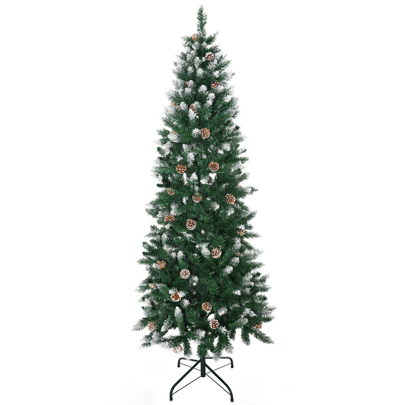 Árvore de Natal Artificial com Neve 180 cm 508 Ramos Realistas 49 Pinhas Base Dobrável e Suporte de Aço para Interior Ø73x180 cm Verde e Branco