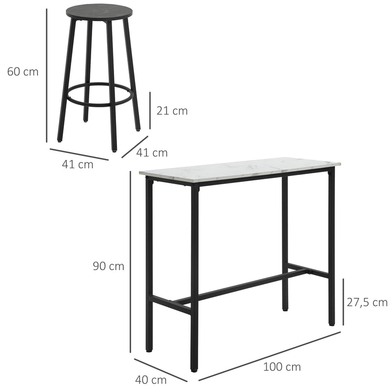 Conjunto de Mesa Alta com 2 Bancos Redondos Conjunto de 3 Peças com Estrutura de Aço Estilo Moderno para Cozinha Sala de Estar Branco e Preto