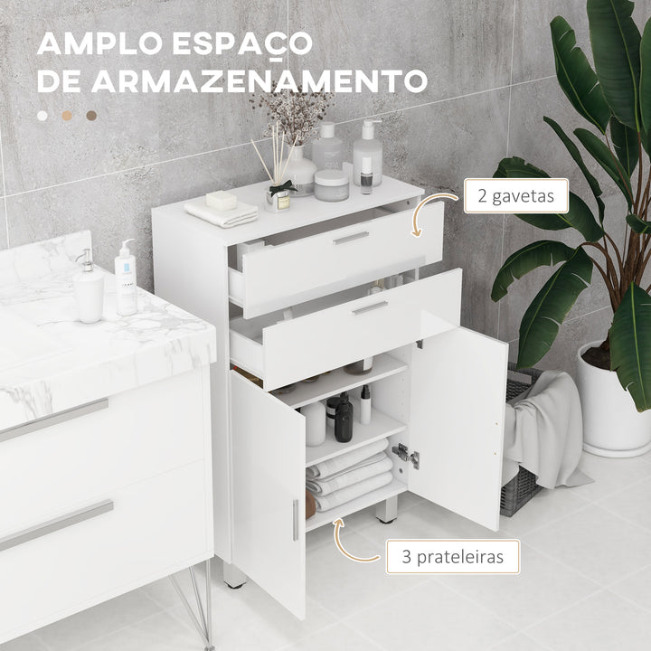 Móvel Auxiliar Casa de Banho Moderno com 2 Gavetas Armário e Prateleiras Ajustáveis Móvel de Armazenamento para Casa de Banho Carga Máxima 35 kg 60x30x93 cm Branco