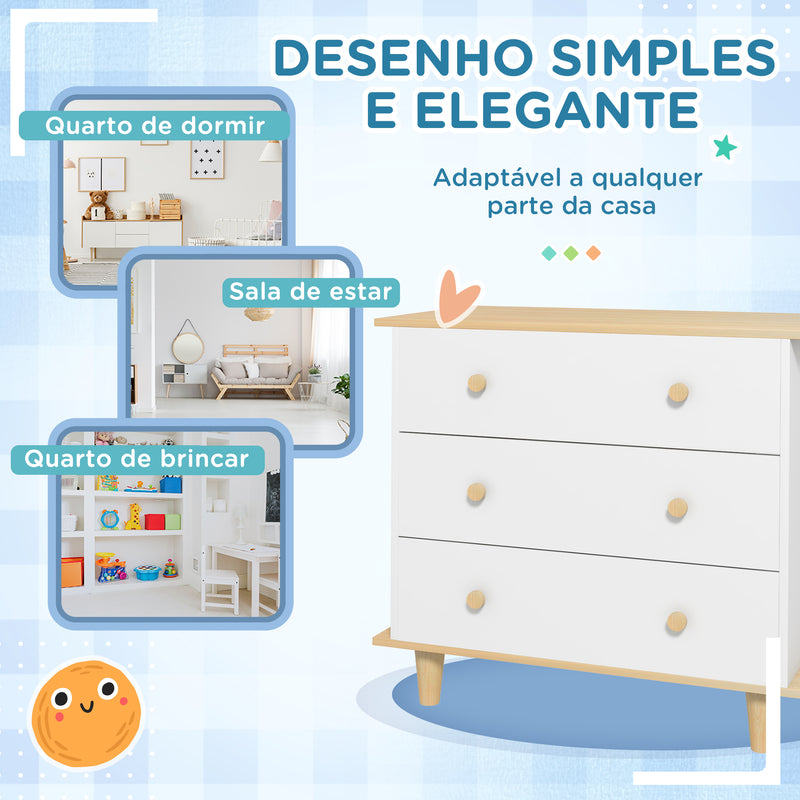 Cómoda para Crianças acima de 3 Anos Cómoda Auxiliar com Pés de Madeira para Armazenagem de Brinquedos Roupas Livros para Habitações de Crianças 80x40x75 cm Branco e Madeira