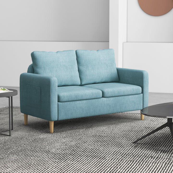 Sofá de 2 Lugares Sofá Moderno Estofado em Poliéster com 2 Bolsos Laterais Apoio para os braços e Pés de Madeira para Sala de Estar Escritório Carga 200 kg 143x76x83 cm Azul