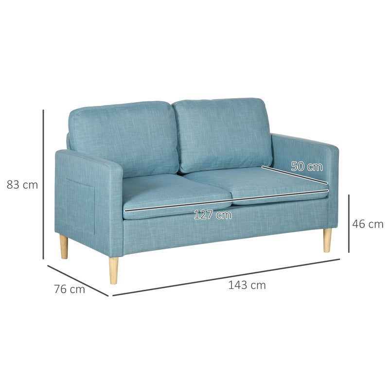 Sofá de 2 Lugares Sofá Moderno Estofado em Poliéster com 2 Bolsos Laterais Apoio para os braços e Pés de Madeira para Sala de Estar Escritório Carga 200 kg 143x76x83 cm Azul