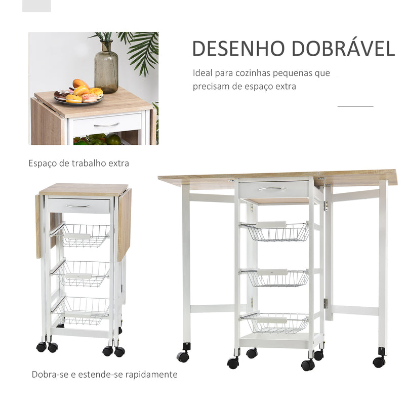 Carrinho de Cozinha Dobrável Carrinho Auxiliar com Rodas 1 Gaveta e 3 Cestos de Metal Carrinho de Serviço Multifuncional para Armazenamento Carga 50 kg 97,2x37x77,5 cm Branco e Madeira