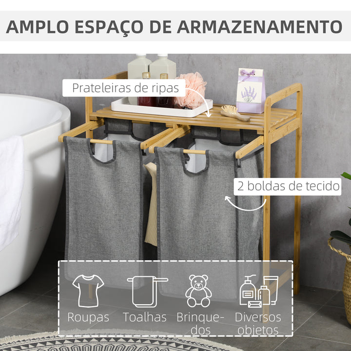Cesto de Roupa de Bambu Cesto de Roupa Suja para Lavandaria com 2 Bolsas Amovíveis e Prateleira para Dormitório Casa de Banho Lavandaria 63,5x33x73 cm Madeira e Cinza