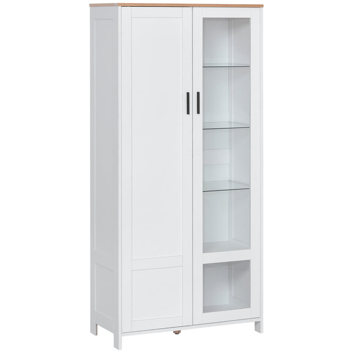 Armário de Cozinha Móvel Auxiliar de Cozinha com Porta de Vidro Prateleiras Ajustáveis e Pés Elevados para Sala de Estar Sala de Jantar 76x36x160 cm Branco