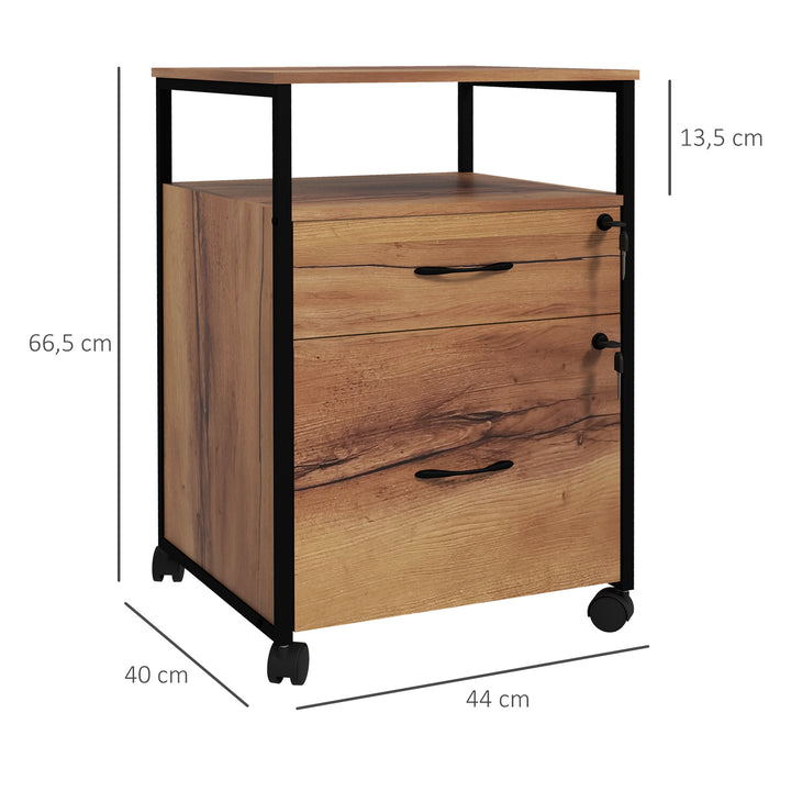 Bloco de Gavetas com Fechadura Bloco de Gavetas Escritório com Rodas 2 Gavetas Barra Suspensa para Papéis A4 e Carta e 2 Chaves 44x40x66,5 cm Marrom Rústico