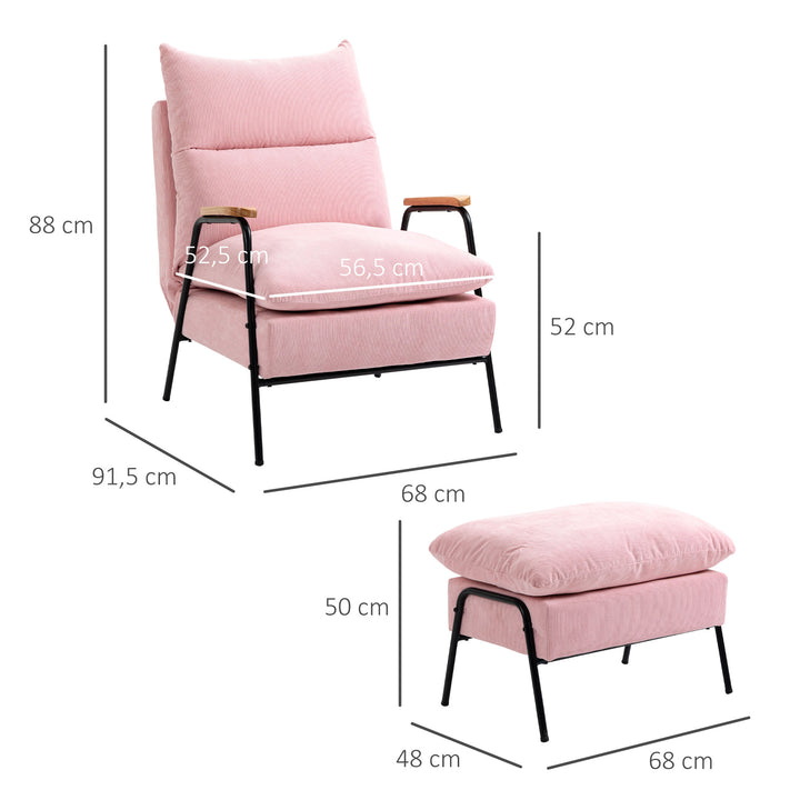 Poltrona Relax com Apoio para os Pés Poltrona Reclinável com Encosto Ajustável Estofada em Veludo Estrutura de Aço e Almofadas para Sala de Estar Dormitório 68x91,5x88cm Rosa