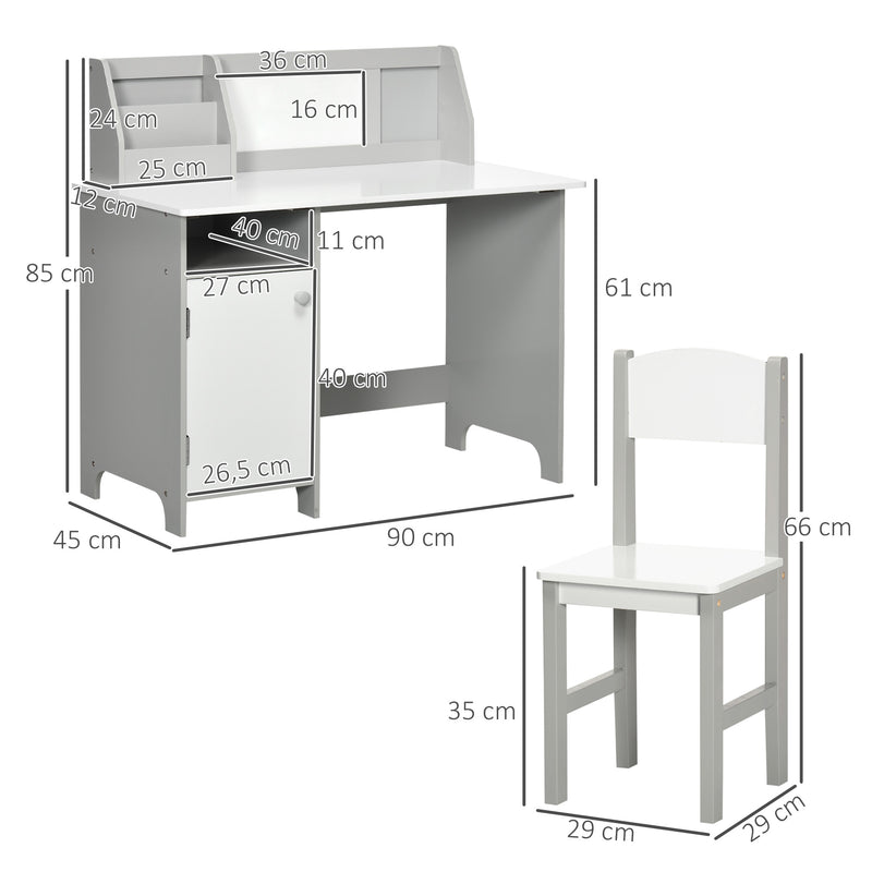 Conjunto de Mesa e Cadeira Infantil de Madeira com Quadro Branco Mesa de Estudo para Crianças acima de 5 Anos Móvel Escritório Infantil 90x45x85cm Cinza