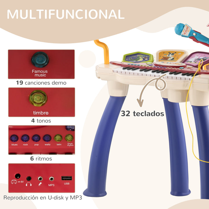 Piano Eletrónico para Crianças com 32 Teclas Piano Infantil 2 em 1 com Microfone Banco Luzes 19 Músicas Bateria e Volume Ajustável 74x32,2x71 cm Multicor