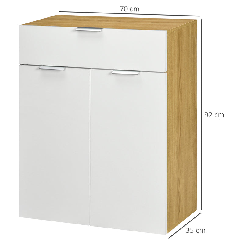 Aparador de Sala de Estar Armário Multiusos de Alto Brilho com Gaveta 2 Portas e Prateleira Ajustável para Sala de Jantar Dormitório 70x35x92 cm Branco e Madeira