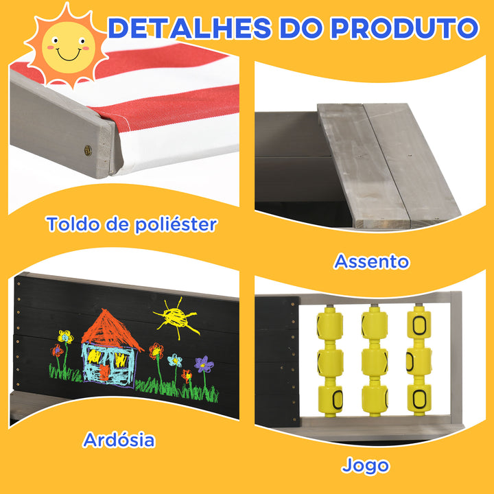Caixa de Areia de Madeira para Crianças de 3-7 Anos Caixa de Areia Infantil com Teto Ajustável de Tecido não Tecido Banco de 2 Assentos Ardósia e Jogo para Pátio Jardim 114x113x110 cm Madeira