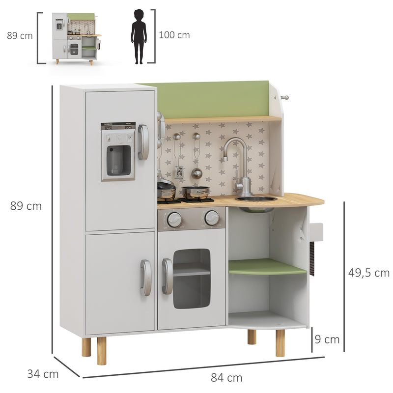 Cozinha de Madeira para Crianças de 3-6 Anos Cozinha Infantil com Máquina de Gelo Lavatório de Aço Inoxidável e Utensílios 84x34x89 cm Branco