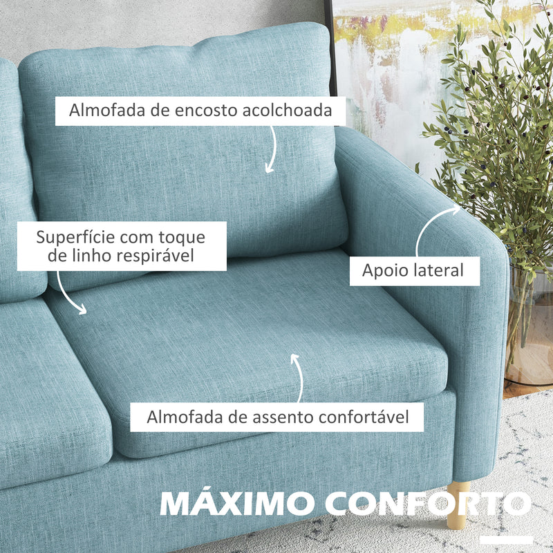 Sofá de 2 Lugares Sofá Moderno Estofado em Poliéster com 2 Bolsos Laterais Apoio para os braços e Pés de Madeira para Sala de Estar Escritório Carga 200 kg 143x76x83 cm Azul