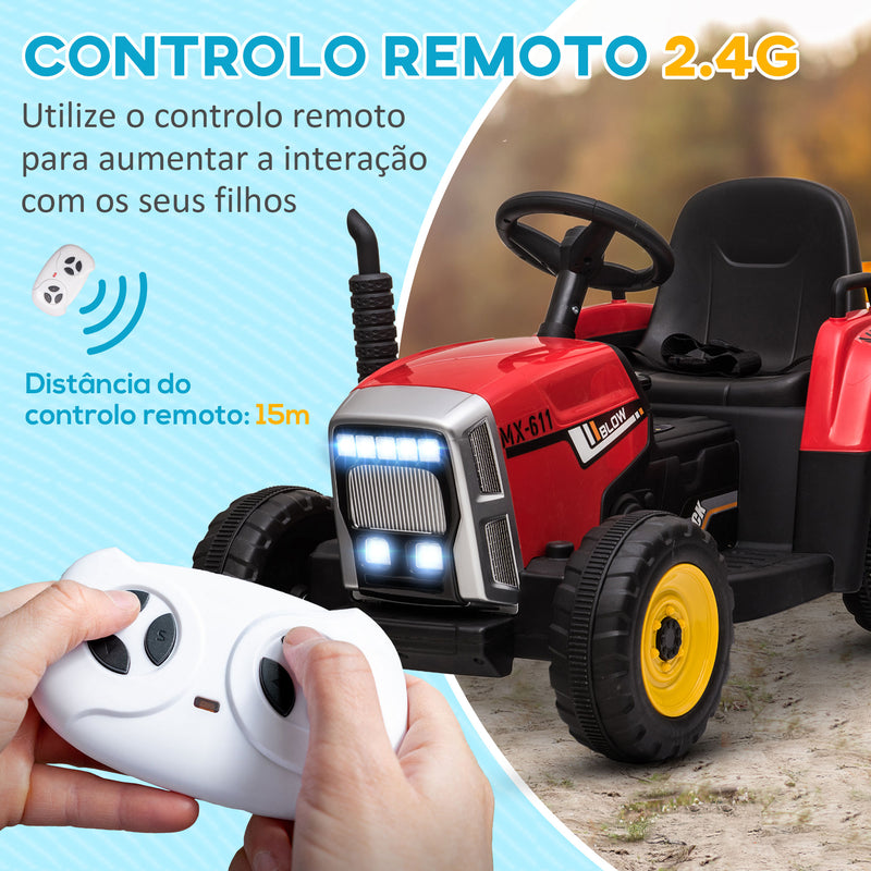 Trator Elétrico com Reboque Amovível Carro Elétrico para Crianças 3-6 Anos com Controlo Remoto Música MP3 Luzes e Cinto de Segurança 136,5x50x52,5 cm Vermelho