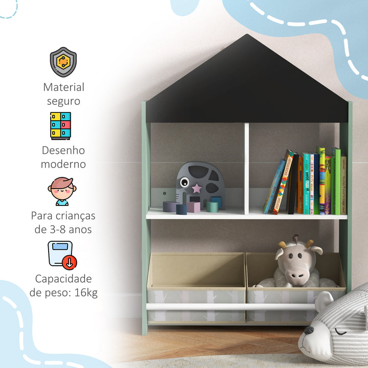 Estante para Brinquedos Organizador Infantil com Prateleiras Abertas e 2 Caixas de Tecido não Tecido Amovíveis para Sala de Jogos Dormitório Escola Infantil 62,4x26,5x90 cm Verde
