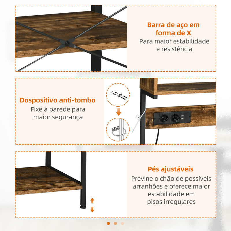 Estante de Cozinha Estante para Micro-Ondas Móvel Auxiliar de Cozinha com Ficha 2 Carregadores USB 5 Ganchos e Prateleira Ajustável 60x42x153 cm Marrom Rústico