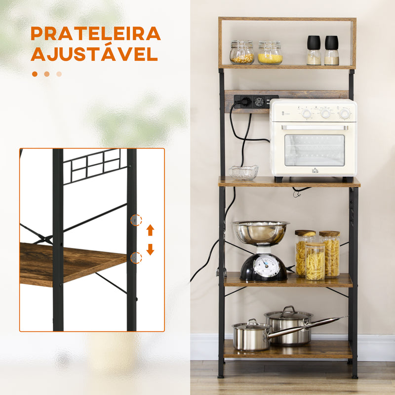 Estante de Cozinha Estante para Micro-Ondas Móvel Auxiliar de Cozinha com Ficha 2 Carregadores USB 5 Ganchos e Prateleira Ajustável 60x42x153 cm Marrom Rústico