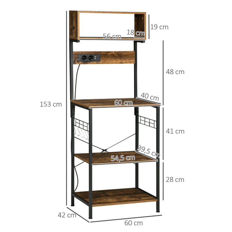 Estante de Cozinha Estante para Micro-Ondas Móvel Auxiliar de Cozinha com Ficha 2 Carregadores USB 5 Ganchos e Prateleira Ajustável 60x42x153 cm Marrom Rústico