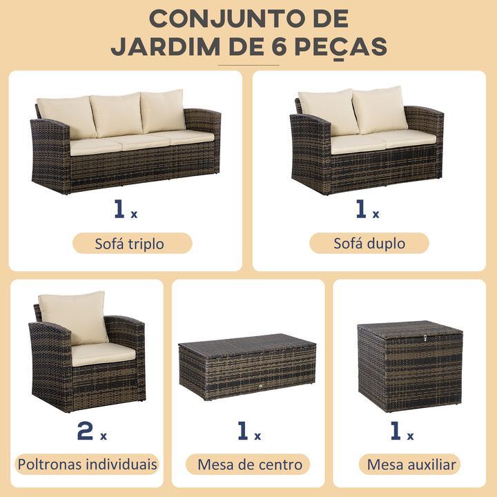 Conjunto de Móveis de Jardim de Vime 6 Peças Sofá Duplo de 3 Lugares 2 Poltronas Individuais 2 Mesas Auxiliares com Armazenamento e Almofadas Marrom e Creme