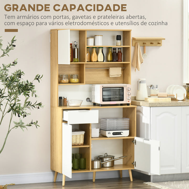 Armário de Cozinha Móvel Auxiliar de Cozinha com 3 Portas Gaveta Prateleira Ajustável Bancada para Micro-Ondas e Suporte para Panos 93x40x180 cm Madeira e Branco