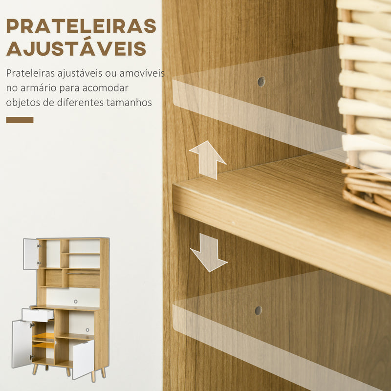 Armário de Cozinha Móvel Auxiliar de Cozinha com 3 Portas Gaveta Prateleira Ajustável Bancada para Micro-Ondas e Suporte para Panos 93x40x180 cm Madeira e Branco