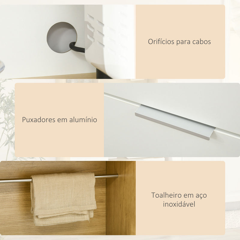 Armário de Cozinha Móvel Auxiliar de Cozinha com 3 Portas Gaveta Prateleira Ajustável Bancada para Micro-Ondas e Suporte para Panos 93x40x180 cm Madeira e Branco