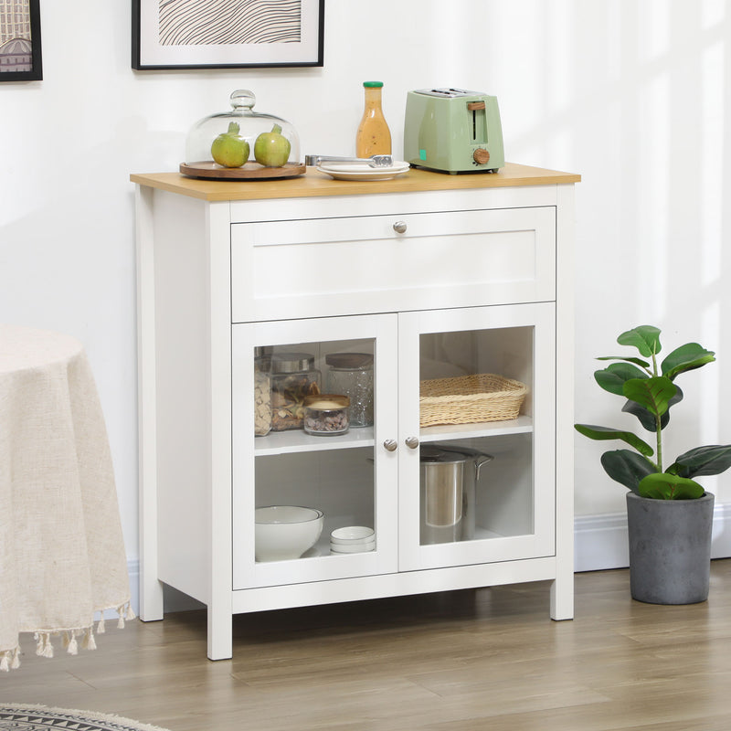 Aparador de Cozinha Moderno Móvel Buffet Auxiliar com Gaveta Prateleira Ajustável e 2 Portas de Vidro para Sala de Estar Sala de Jantar 80x40x90 cm Branco e Madeira