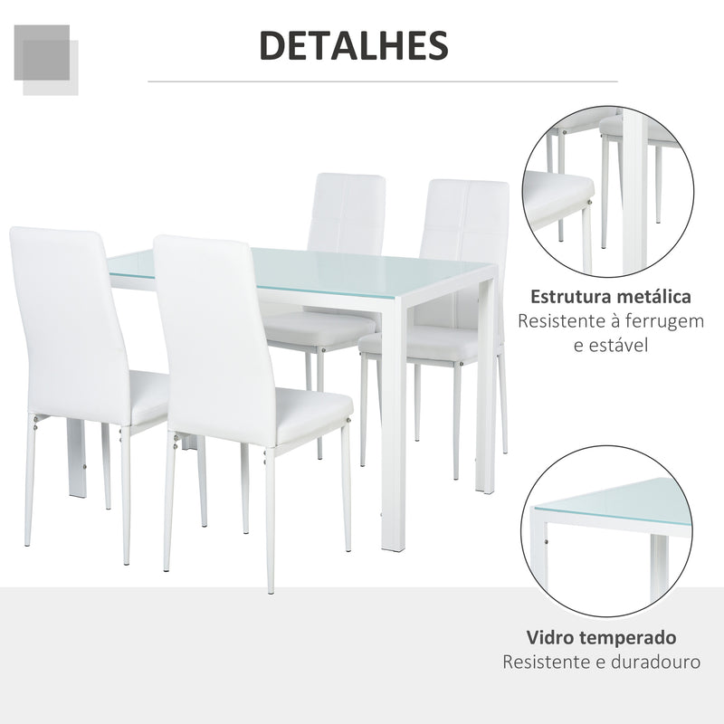 Conjunto de Refeição Mesa e 4 Cadeiras Conjunto de 5 Peças de Móveis de Cozinha Mesa Retangular de Vidro Temperado e Cadeiras Estofadas em PU com Pés de Metal Branco