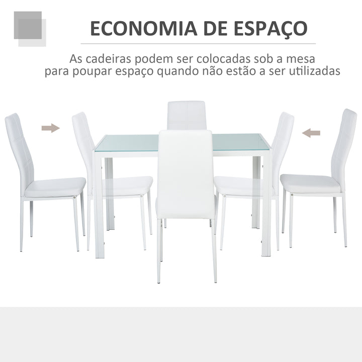 Conjunto de Refeição Mesa e 4 Cadeiras Conjunto de 5 Peças de Móveis de Cozinha Mesa Retangular de Vidro Temperado e Cadeiras Estofadas em PU com Pés de Metal Branco