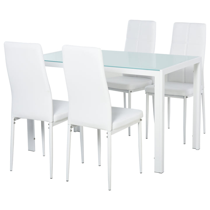 Conjunto de Refeição Mesa e 4 Cadeiras Conjunto de 5 Peças de Móveis de Cozinha Mesa Retangular de Vidro Temperado e Cadeiras Estofadas em PU com Pés de Metal Branco