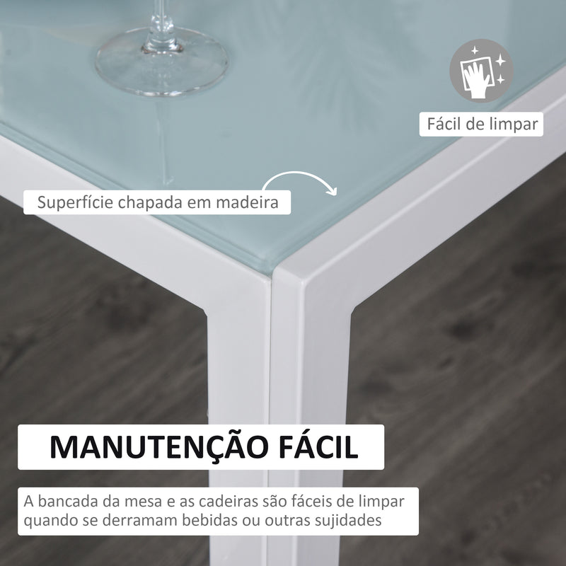 Conjunto de Refeição Mesa e 4 Cadeiras Conjunto de 5 Peças de Móveis de Cozinha Mesa Retangular de Vidro Temperado e Cadeiras Estofadas em PU com Pés de Metal Branco