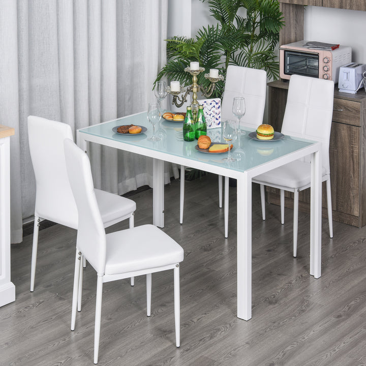Conjunto de Refeição Mesa e 4 Cadeiras Conjunto de 5 Peças de Móveis de Cozinha Mesa Retangular de Vidro Temperado e Cadeiras Estofadas em PU com Pés de Metal Branco