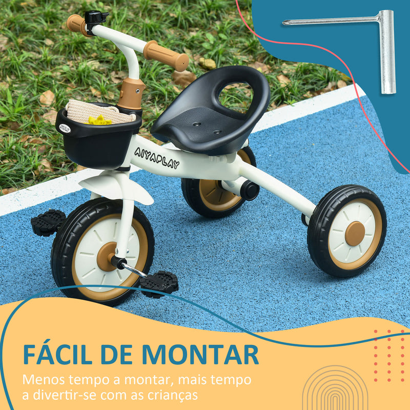 Triciclo para Crianças de 2 a 5 anos Triciclo Infantil com Assento Ajustável Cesta Buzina e Pedais e 3 Rodas Carga Máxima 25 kg 70,5x50x58 cm Bege e Marrom