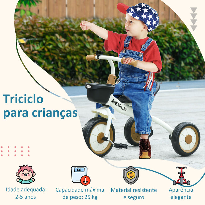 Triciclo para Crianças de 2 a 5 anos Triciclo Infantil com Assento Ajustável Cesta Buzina e Pedais e 3 Rodas Carga Máxima 25 kg 70,5x50x58 cm Bege e Marrom