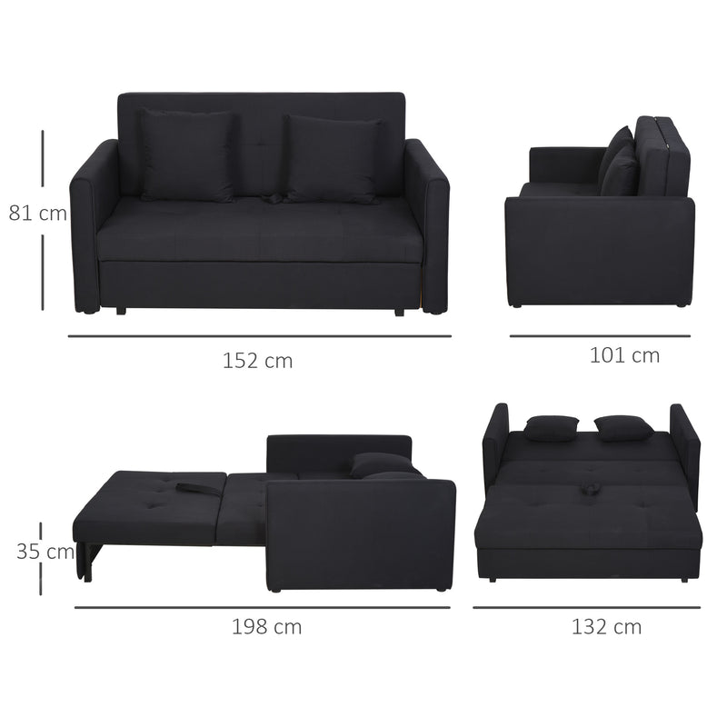 Sofá Cama de 2 Lugares Estofado em Algodão com 2 Almofadas Apoio para os Braços e Armazenamento Sofá Duplo Moderno para Sala de Estar Escritório 152x101x81cm Cinza Carvão