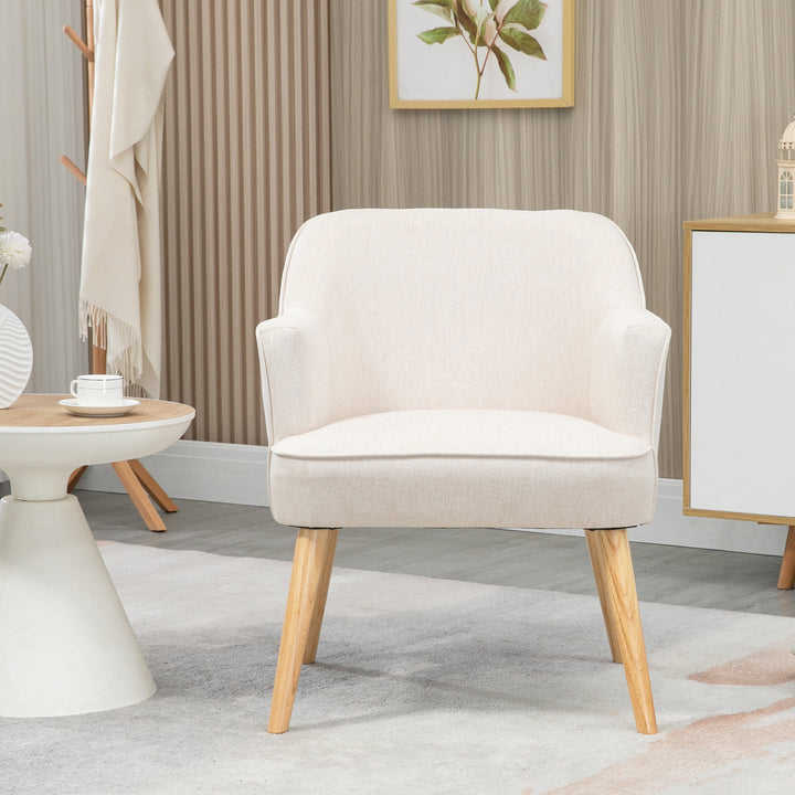 Poltrona Estilo Nórdico Poltrona para Sala de Estar Estofada em Linho com Pés de Madeira para Dormitório Escritório Estúdio Carga 120 kg 64,5x65x79,5 cm Creme