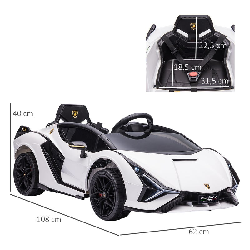 Carro Elétrico Lamborghini SIAN 12V para Crianças acima de 3 Anos com Controle Remoto Abertura da Porta Música MP3 USB e Faróis 108x62x40 cm Branco