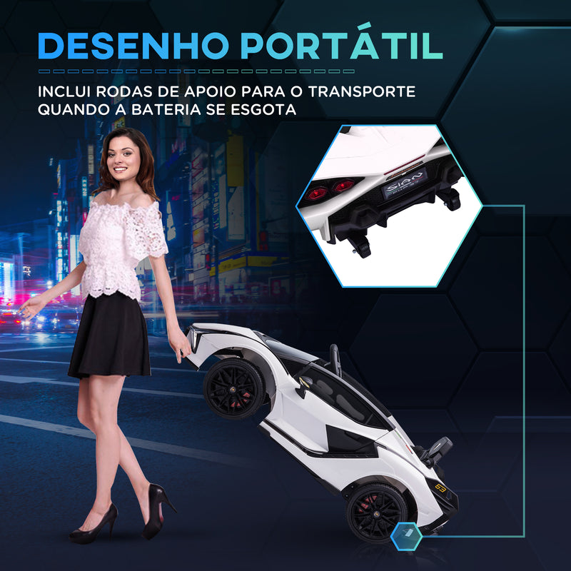 Carro Elétrico Lamborghini SIAN 12V para Crianças acima de 3 Anos com Controle Remoto Abertura da Porta Música MP3 USB e Faróis 108x62x40 cm Branco