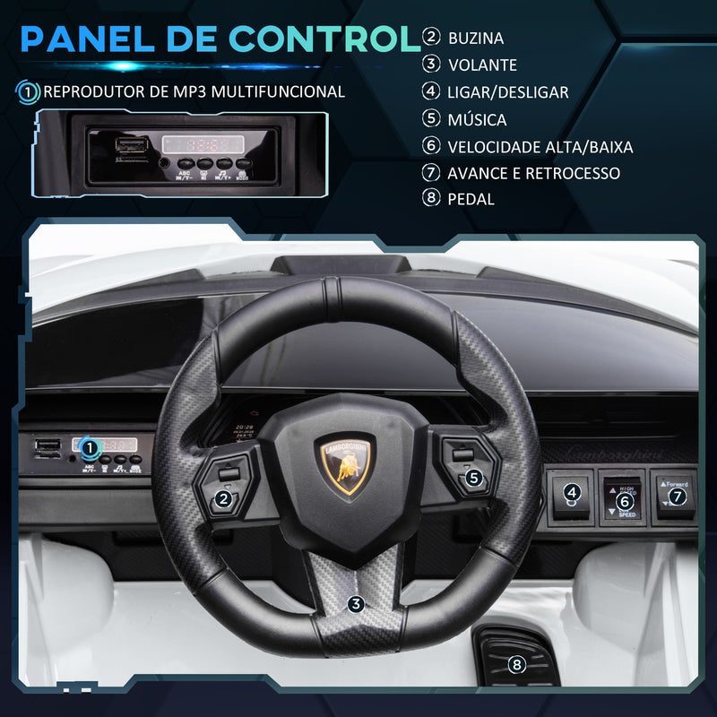 Carro Elétrico Lamborghini SIAN 12V para Crianças acima de 3 Anos com Controle Remoto Abertura da Porta Música MP3 USB e Faróis 108x62x40 cm Branco