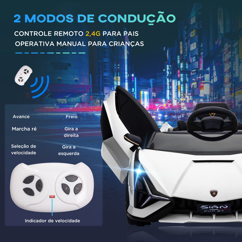 Carro Elétrico Lamborghini SIAN 12V para Crianças acima de 3 Anos com Controle Remoto Abertura da Porta Música MP3 USB e Faróis 108x62x40 cm Branco