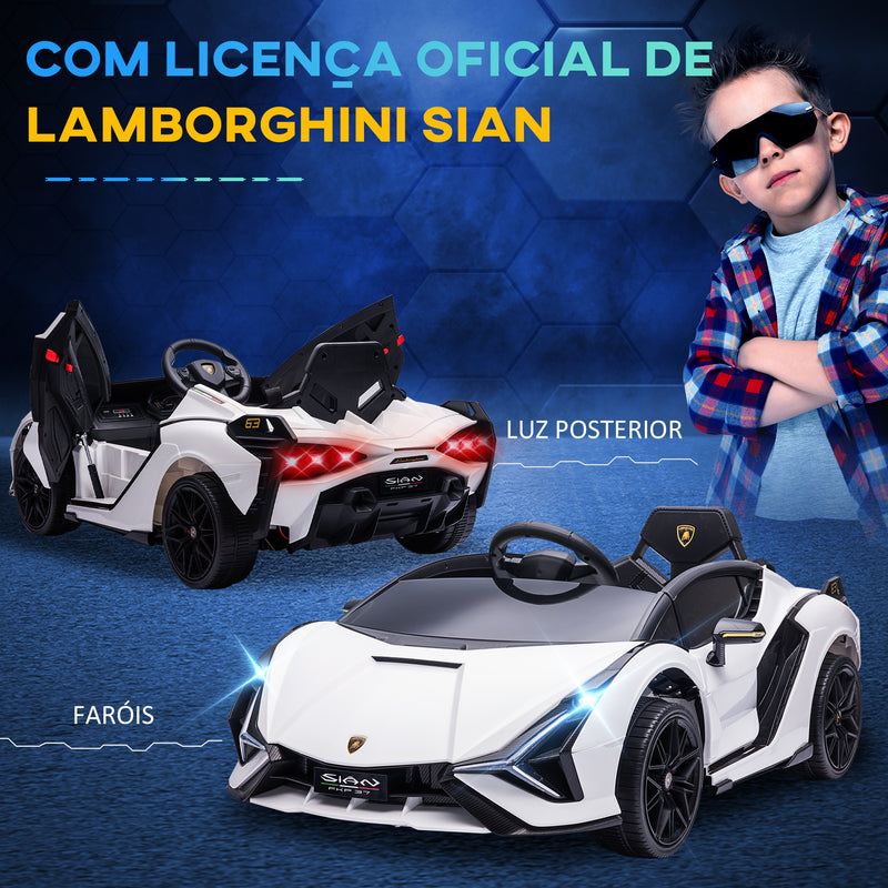 Carro Elétrico Lamborghini SIAN 12V para Crianças acima de 3 Anos com Controle Remoto Abertura da Porta Música MP3 USB e Faróis 108x62x40 cm Branco